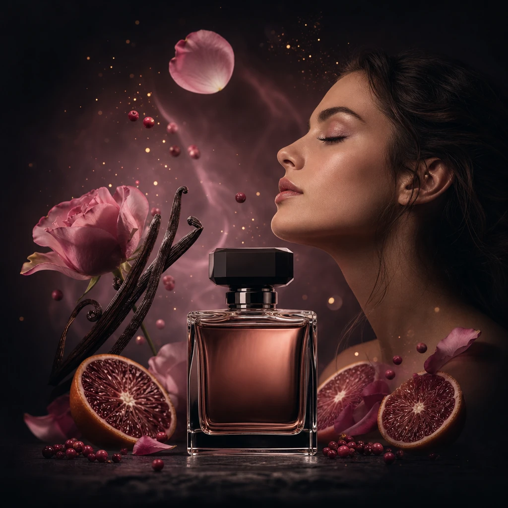 Perfumeza — decant di profumi di lusso con petali di rosa, agrumi e vaniglia al tramonto